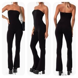 Edikted S black strapless flare split leg jumpsuit